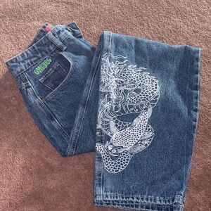 Empyre Tori Dragon Embroidery Blue Denim Skate Jeans